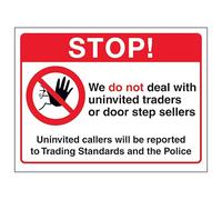 V Safety Stop!...Uninvited Callers Will Be Reported To Trading Standards... 200 x 150 mm - Glow In The Dark 1mm Rigid Plastic Safety Sign