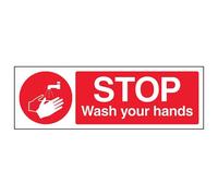V Safety Stop Wash Your Hands Sign - 300mm x 100mm - 1mm Rigid Plastic