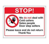 V Safety Stop! We Do Not Deal With Cold Callers, Sales People, Door Step... 150 x 100 mm - Self Adhesive Vinyl - Aluminium Effect Safety Sign