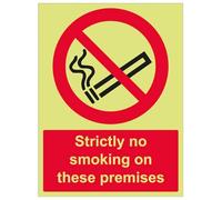 V Safety Strictly No Smoking On These Premises - Portrait 300 x 400 mm - Glow In The Dark 1mm Rigid Plastic Safety Sign
