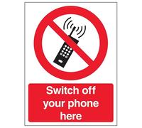 V Safety Switch Off Your Mobile Phone Here - Portrait 150 x 200mm - 2mm Rigid Plastic Safety Sign
