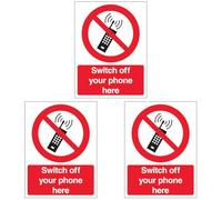 V Safety Switch Off Your Mobile Phone Here - Portrait 150 x 200mm - 2mm Rigid Plastic Safety Sign (Pack of 3)