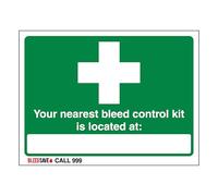 V Safety The Nearest Bleed Control Kit Is Located - Call 999 400 x 300 mm - 2mm Super-Tough Rigid Plastic
