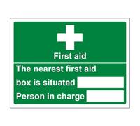 V Safety The Nearest First Aid Box Is Situated - Landscape 200 x 150 mm - 3mm Brushed Aluminium Composite Safety Sign