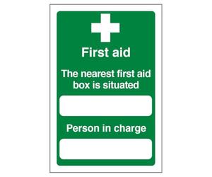 V Safety The Nearest First Aid Box Is Situated - Portrait 150 x 200 mm - Self Adhesive Vinyl - Aluminium Effect Safety Sign