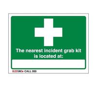 V Safety The Nearest Incident Grab Kit Is Located - Call 999 400 x 300 mm - 2mm Super-Tough Rigid Plastic