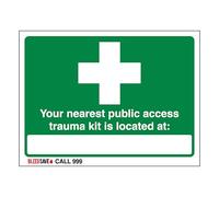 V Safety The Nearest Trauma Kit Is Located - Call 999 600 x 450 mm - Glow In The Dark Self Adhesive Vinyl