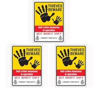 V Safety Thieves Beware/Anti-Crime Measures/See It-Report It-Stop It/Community Crime Watch 150 x 200 mm - Face Adhesive Window Sticker Safety Sign (Pack of 3)