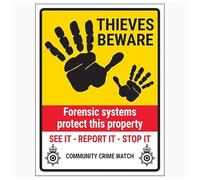 V Safety Thieves Beware/Forensic Systems/See It-Report It-Stop It/Community Crime Watch 150 x 200 mm - Glow In The Dark Self Adhesive Vinyl Safety Sign