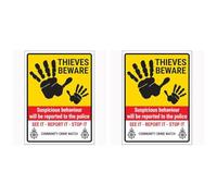 V Safety Thieves Beware/Suspicious Behaviour/See It-Report It-Stop It/Community Crime Watch 150 x 200 mm - Face Adhesive Window Sticker Safety Sign (Pack of 2)