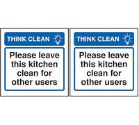 V Safety Think Clean Please Leave This Kitchen Clean For Other Users 100 x 100 mm - 1mm Rigid Plastic Safety Sign (Pack of 2)