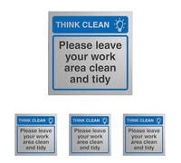 V Safety Think Clean Please Leave Your Work Area Clean and Tidy 100 x 100 mm - 3mm Brushed Aluminium Composite Safety Sign (Pack of 4)