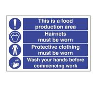 V Safety This Is A Food Production Area - Hairnets 300 x 200 mm - Self Adhesive Vinyl - Aluminium Effect Safety Sign
