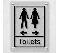 V Safety Toilets Arrows Men Left/Women Right - 200 x 300 mm - Acrylic Perspex Cast Clear Safety Sign