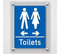 V Safety Toilets Arrows Men Left/Women Right Blue - 150 x 200 mm - Acrylic Perspex Cast Clear Safety Sign