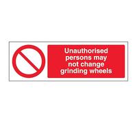 V Safety Unauthorised Persons Grinding Wheels - Landscape 300 x 100 mm - 2mm Super-Tough Rigid Plastic Safety Sign