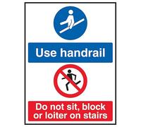 V Safety Use Handrail/Do Not Sit, Block Or Loiter On Stairs 150 x 200 mm - 2mm Super-Tough Rigid Plastic Safety Sign