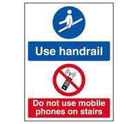 V Safety Use Handrail/Do Not Use Mobile Phones On Stairs 150 x 200 mm - Glow In The Dark Self Adhesive Vinyl Safety Sign
