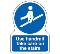 V Safety Use Handrail Take Care On The Stairs - Shaped Sign 300 x 400 mm - 2mm Super-Tough Rigid Plastic Safety Sign