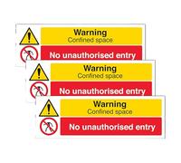 V Safety Warning Confined Space/No Unauthorised Entry 300 x 100 mm - Glow In The Dark Self Adhesive Vinyl Safety Sign (Pack of 3)