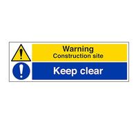 V Safety Warning Construction Site/Keep Clear - Landscape 300 x 100 mm - Glow In The Dark Self Adhesive Vinyl Safety Sign