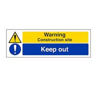 V Safety Warning Construction Site/Keep Out - Landscape 300 x 100 mm - Glow In The Dark 1mm Rigid Plastic Safety Sign