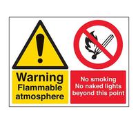 V Safety Warning, Flammable Atmosphere. No Smoking, No Naked Lights Sign - 400mm x 300mm - 1mm Rigid Plastic