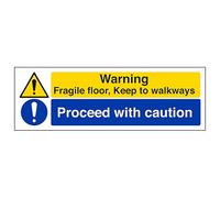 V Safety Warning, Fragile Floor/Proceed With Caution - Landscape 600 x 200 mm - Glow In The Dark 1mm Rigid Plastic Safety Sign