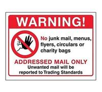 V Safety Warning! No Junk Mail, Addressed Mail Only Sign - 150mm x 100m - Window Sticker