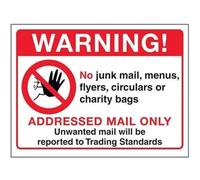 V Safety Warning! No Junk Mail, Addressed Mail Only Sign - 200mm x 150mm - Window Sticker