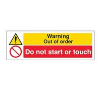 V Safety Warning Out Of Order Do Not Start Or Touch - Landscape 300 x 100 mm - 2mm Rigid Plastic Safety Sign