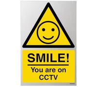 V Safety Warning - SMILE! You Are On CCTV 200 x 300 mm - 3mm Brushed Aluminium Composite Safety Sign