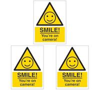 V Safety Warning - SMILE! You're On Camera! 150 x 200 mm - Self Adhesive Vinyl - Aluminium Effect Safety Sign (Pack of 3)