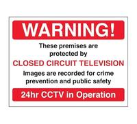 V Safety Warning! These Premises Are Protected By CCTV - Red 200 x 150 mm - 1mm Rigid Plastic Safety Sign