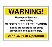V Safety Warning! These Premises Are Protected By CCTV - Yellow 200 x 150 mm - 1mm Rigid Plastic Safety Sign
