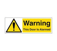 V Safety Warning This Door Is Alarmed - Landscape 450 x 150 mm - 1mm Rigid Plastic Safety Sign