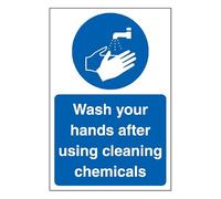 V Safety Wash Your Hands After Using Cleaning Chemicals 300 x 400mm Safety Sign - 2mm Rigid Plastic