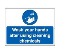 V Safety Wash Your Hands After Using Cleaning Chemicals - Landscape 400 x 300 mm Safety Sign - Glow In The Dark 1mm Rigid Plastic