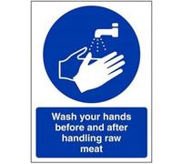 V Safety Wash Your Hands Before And After Handling Raw Meat Sign - 150mm x 200mm - 1mm Rigid Plastic