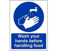 V Safety Wash Your Hands Before Handling Food Sign - 150mm x 200mm - 1mm Rigid Plastic