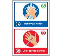 V Safety Wash Your Hands/Don't Spread Germs! 200 x 300 mm - Glow In The Dark Self Adhesive Vinyl Safety Sign