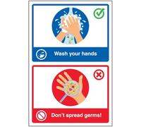 V Safety Wash Your Hands/Don't Spread Germs! Poster 200 x 300 mm - Standard 0.2mm Flexi-Plastic Safety Sign