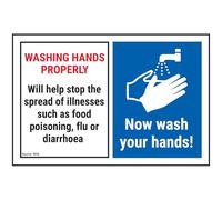 V Safety Washing Hands Properly Will Help...Now Wash Your Hands! 150 x 100 mm - 3mm Brushed Aluminium Composite Safety Sign