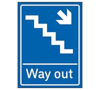 V Safety Way Out Arrow Down Stairs Right Blue 200 x 300 mm - Blue Rigid Plastic Safety Sign