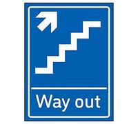V Safety Way Out Arrow Up Stairs Right - 150mm x 200mm - Blue 1mm Rigid Plastic
