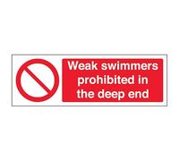 V Safety Weak Swimmers Prohibited In The Deep End - Landscape 300 x 100 mm - Self Adhesive Vinyl - Aluminium Effect Safety Sign