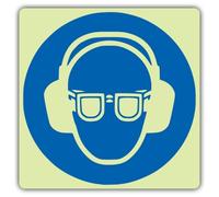 V Safety Wear Ear And Eye Protection Symbol Sign - 200 x 200 mm | Glow In The Dark | Double Glow Self Adhesive Vinyl | Mandatory Safety Signage - Made in Britain
