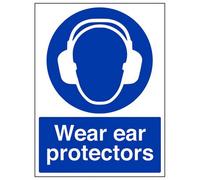 V Safety Wear Ear Protectors Mandatory Ppe Sign - Rigid Plastic - 300X400mm (X3)