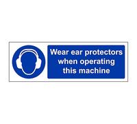 V Safety Wear Ear Protectors When Operating - Landscape 600 x 200 mm - Self Adhesive Vinyl - Aluminium Effect Safety Sign