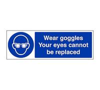 V Safety Wear Goggles Eyes Cannot Be Replaced - Landscape 300 x 100 mm - Self Adhesive Vinyl - Aluminium Effect Safety Sign